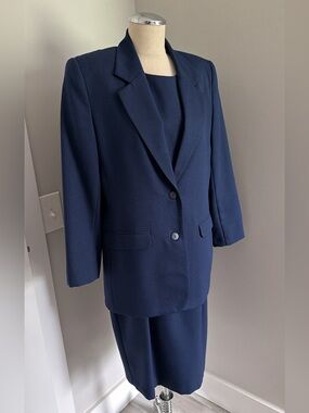 Women's Blue 2-Piece Skirt Suit Set Jacket & Dress Size 10 Poly/Wool Lined